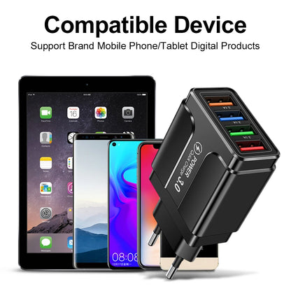 Carregador Rápido 4 Portas USB QC 3.0: Adaptador de Carregamento Rápido para Xiaomi e iPhone X - Carregador de Parede Portátil com entradas EU/US