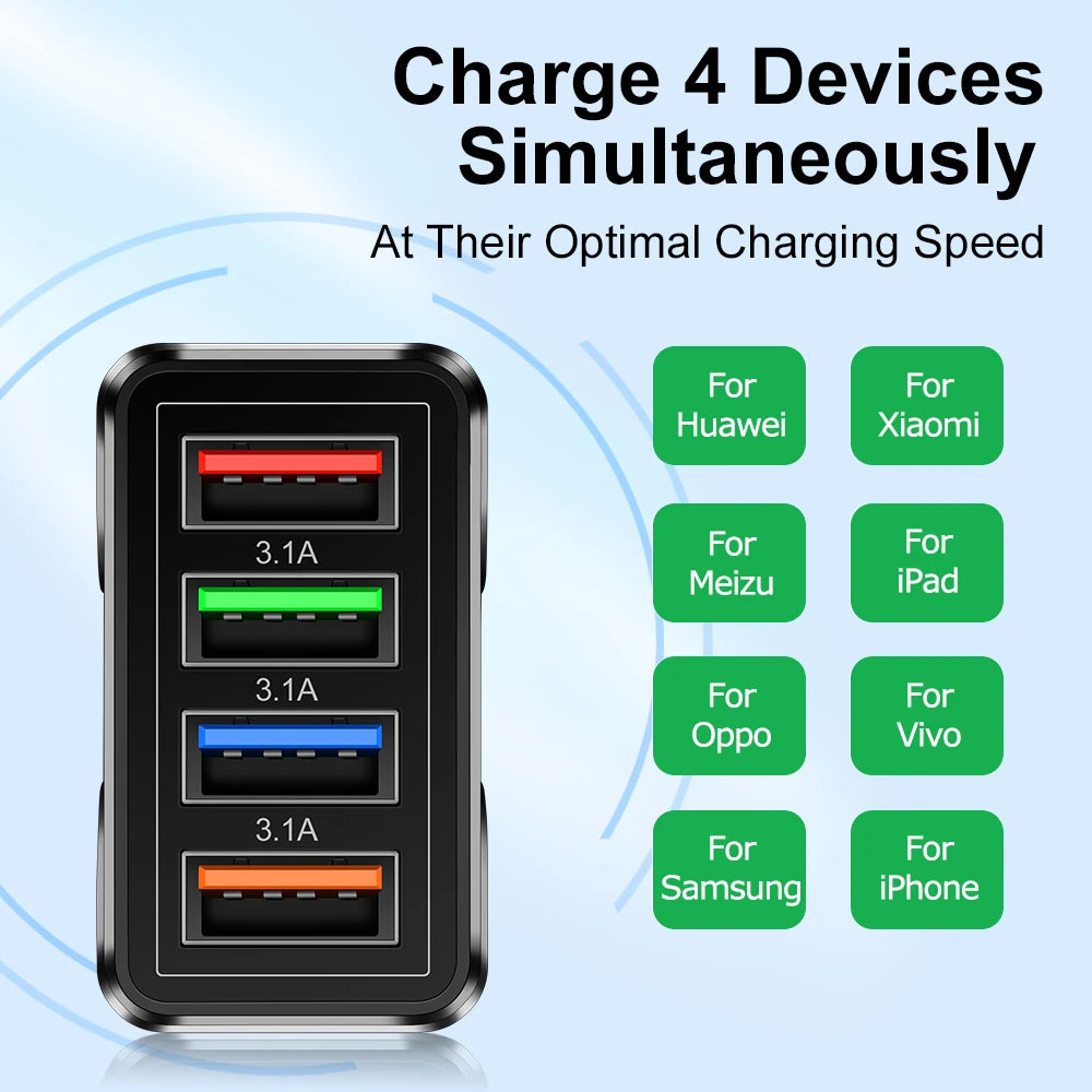 Carregador Rápido 4 Portas USB QC 3.0: Adaptador de Carregamento Rápido para Xiaomi e iPhone X - Carregador de Parede Portátil com entradas EU/US