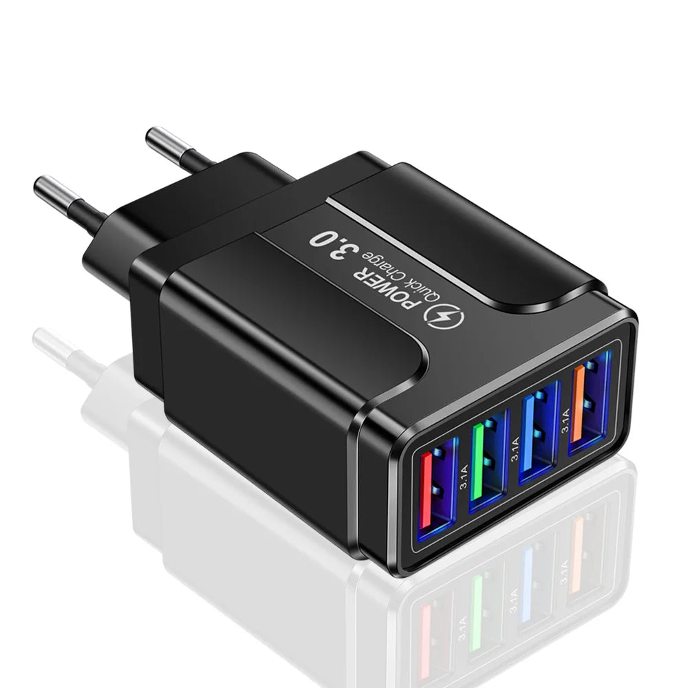 Carregador Rápido 4 Portas USB QC 3.0: Adaptador de Carregamento Rápido para Xiaomi e iPhone X - Carregador de Parede Portátil com entradas EU/US