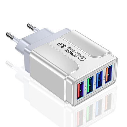 Carregador Rápido 4 Portas USB QC 3.0: Adaptador de Carregamento Rápido para Xiaomi e iPhone X - Carregador de Parede Portátil com entradas EU/US