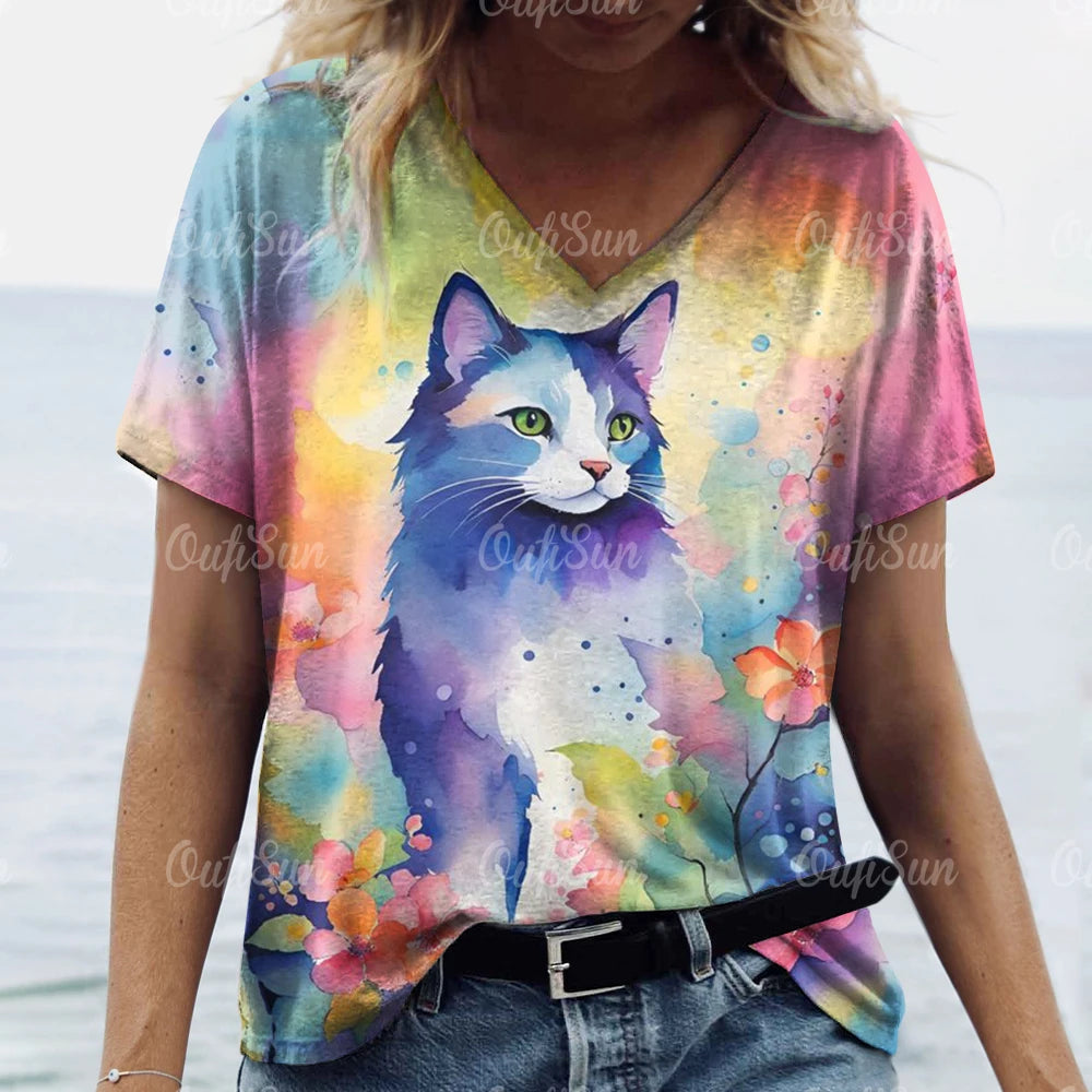 T-shirt Feminina Casual com Impressão 3D de Gato