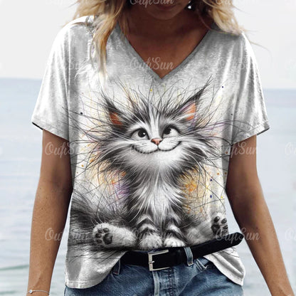 T-shirt Feminina Casual com Impressão 3D de Gato