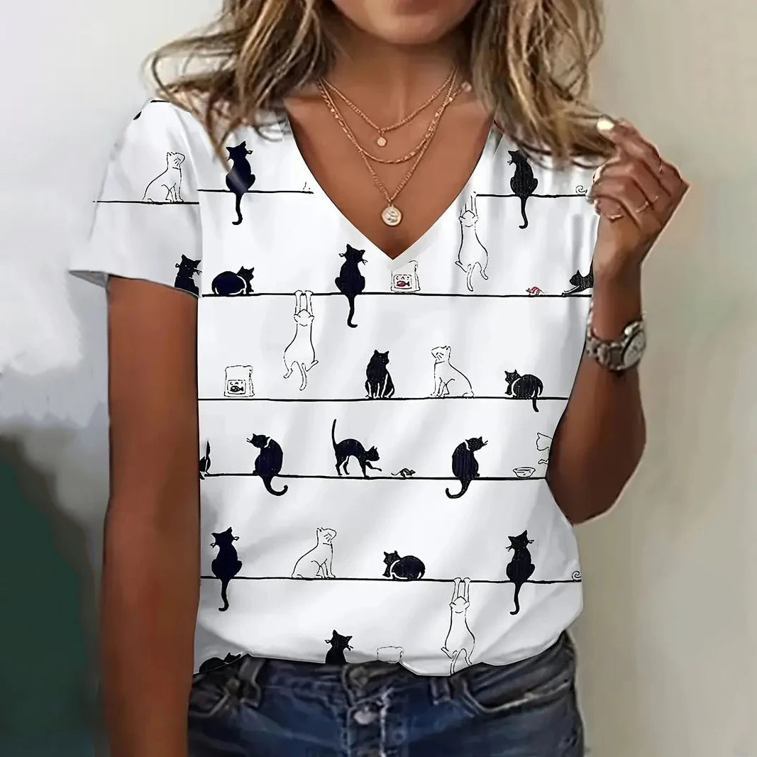 T-shirt Feminina Casual com Impressão 3D de Gato