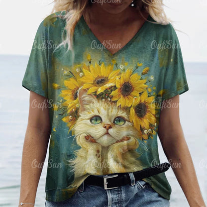 T-shirt Feminina Casual com Impressão 3D de Gato