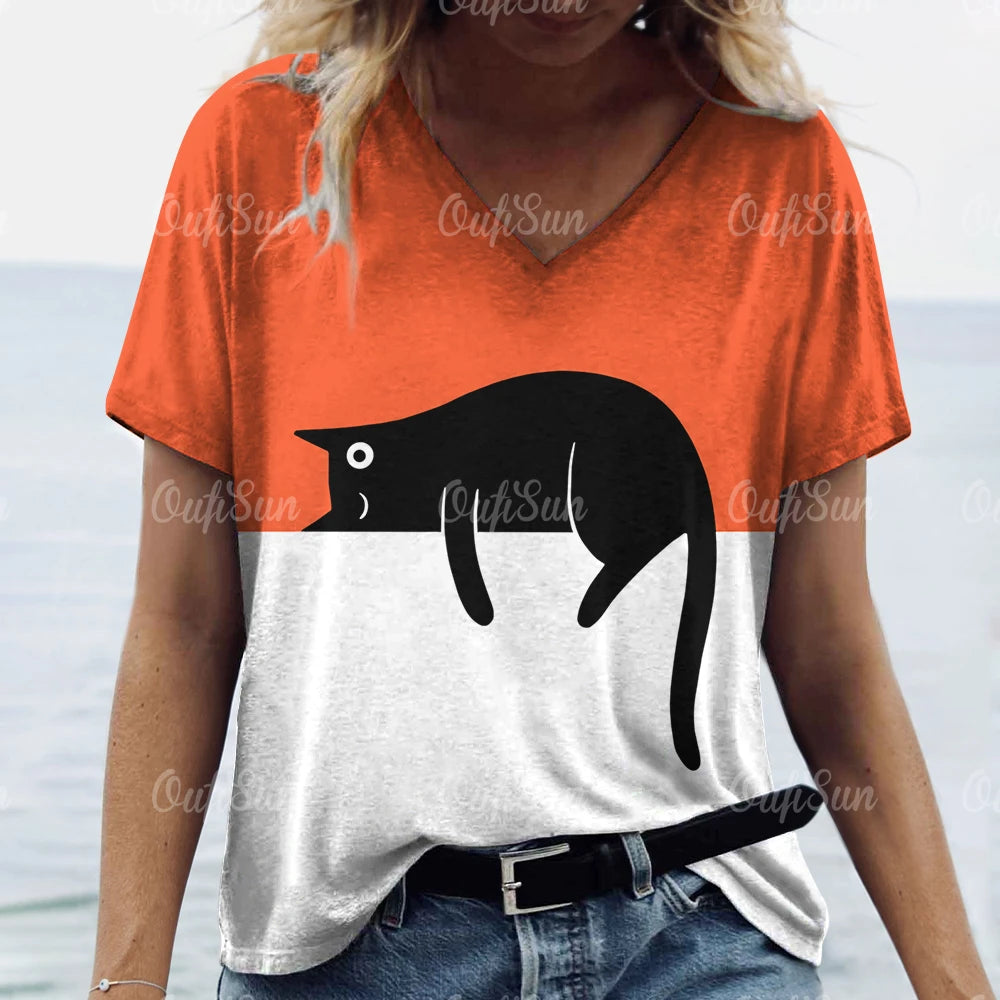 T-shirt Feminina Casual com Impressão 3D de Gato