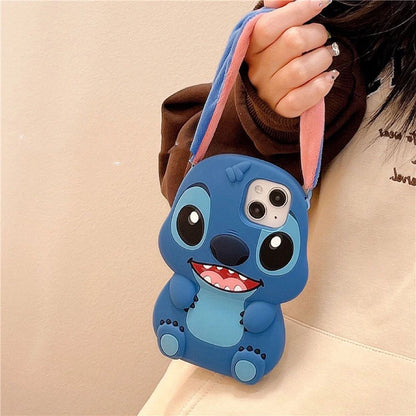 Capa Kawaii Sit Stitch com Botão e Alça para iPhone 15 Pro Max, 11, 12 Pro Max, 14 Pro, 14 Plus, 13, 12 – Capa de Silicone Macia e Estilo Cartoon