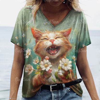 T-shirt Feminina Casual com Impressão 3D de Gato