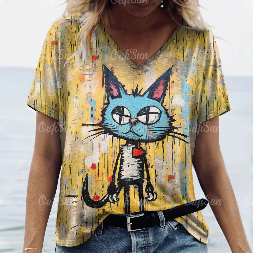 T-shirt Feminina Casual com Impressão 3D de Gato