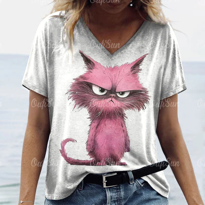 T-shirt Feminina Casual com Impressão 3D de Gato