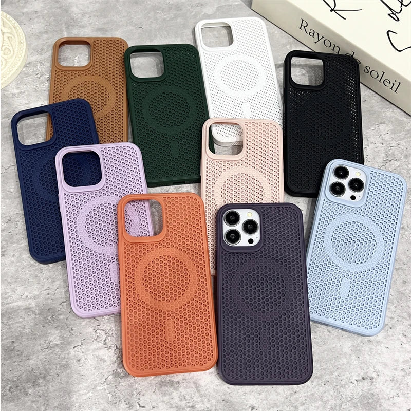 Capa Magnética para iPhone 16, 15, 14, 13, 12, 11 Pro Max com Rede de Dissipação de Calor para Carregamento Sem Fio Magsafe - Capa Respirável