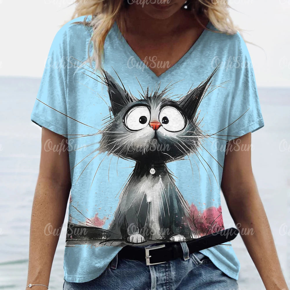 T-shirt Feminina Casual com Impressão 3D de Gato