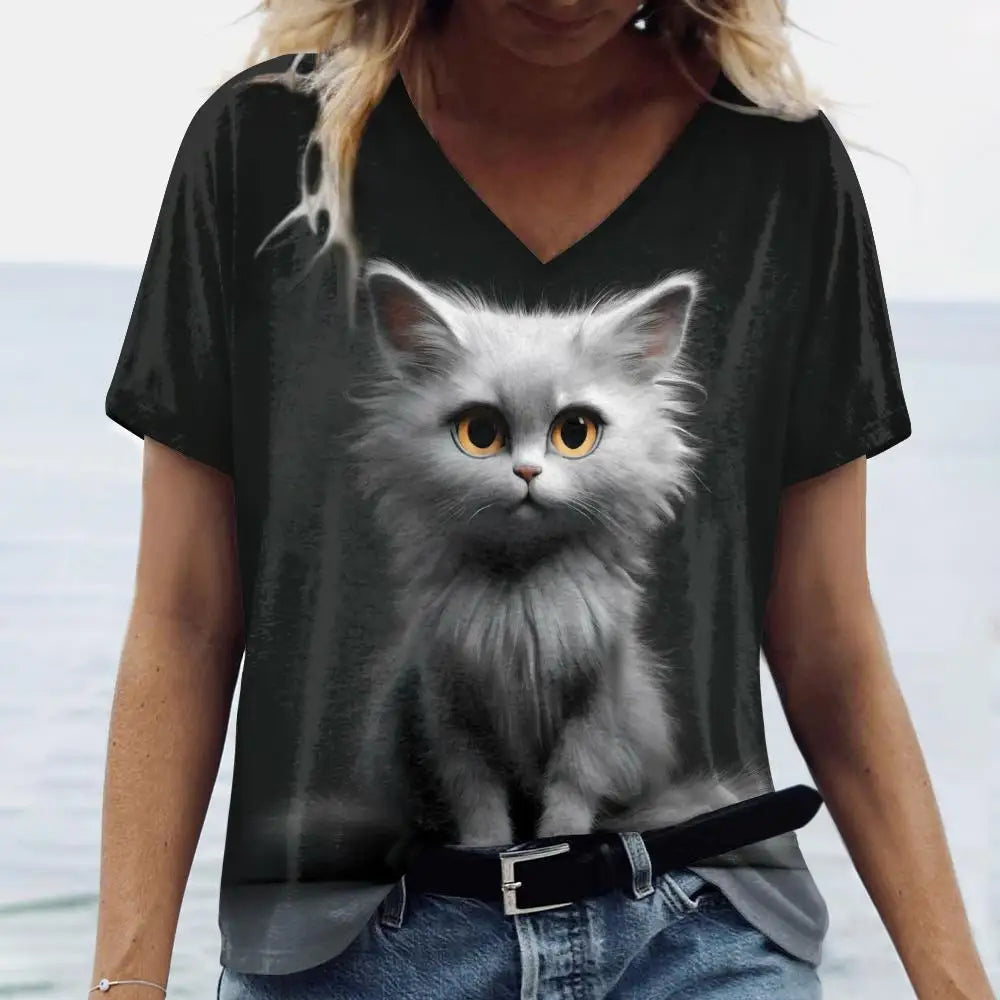 T-shirt Feminina Casual com Impressão 3D de Gato