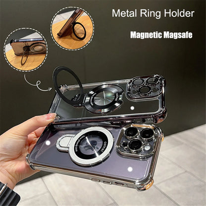 Capa Magnética Transparente Luxury Plating Shockproof com Suporte para Magsafe para iPhone 15, 16, 14, 13, 12, 11 Pro Max