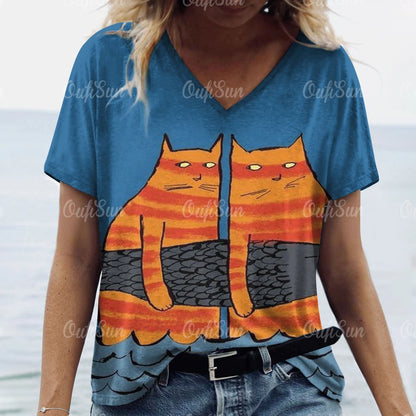 T-shirt Feminina Casual com Impressão 3D de Gato