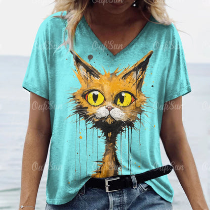 T-shirt Feminina Casual com Impressão 3D de Gato