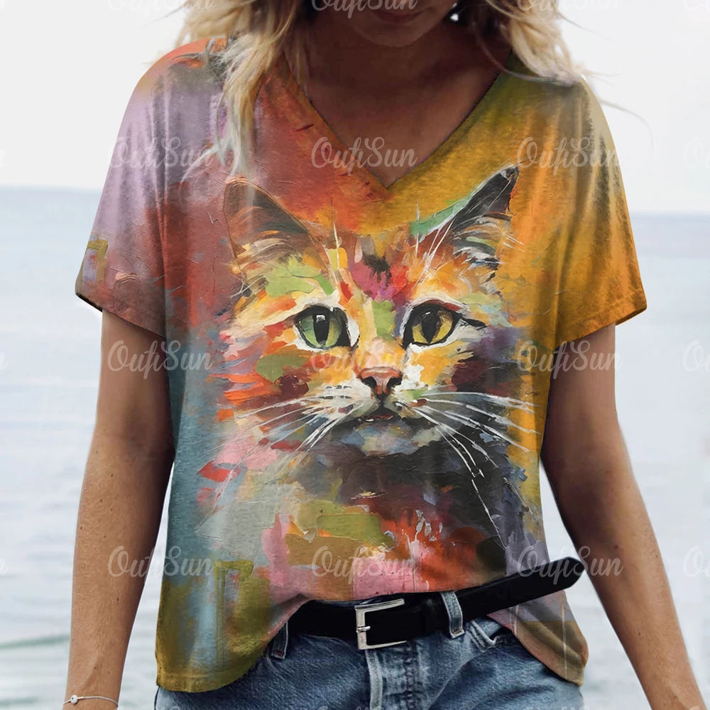 T-shirt Feminina Casual com Impressão 3D de Gato