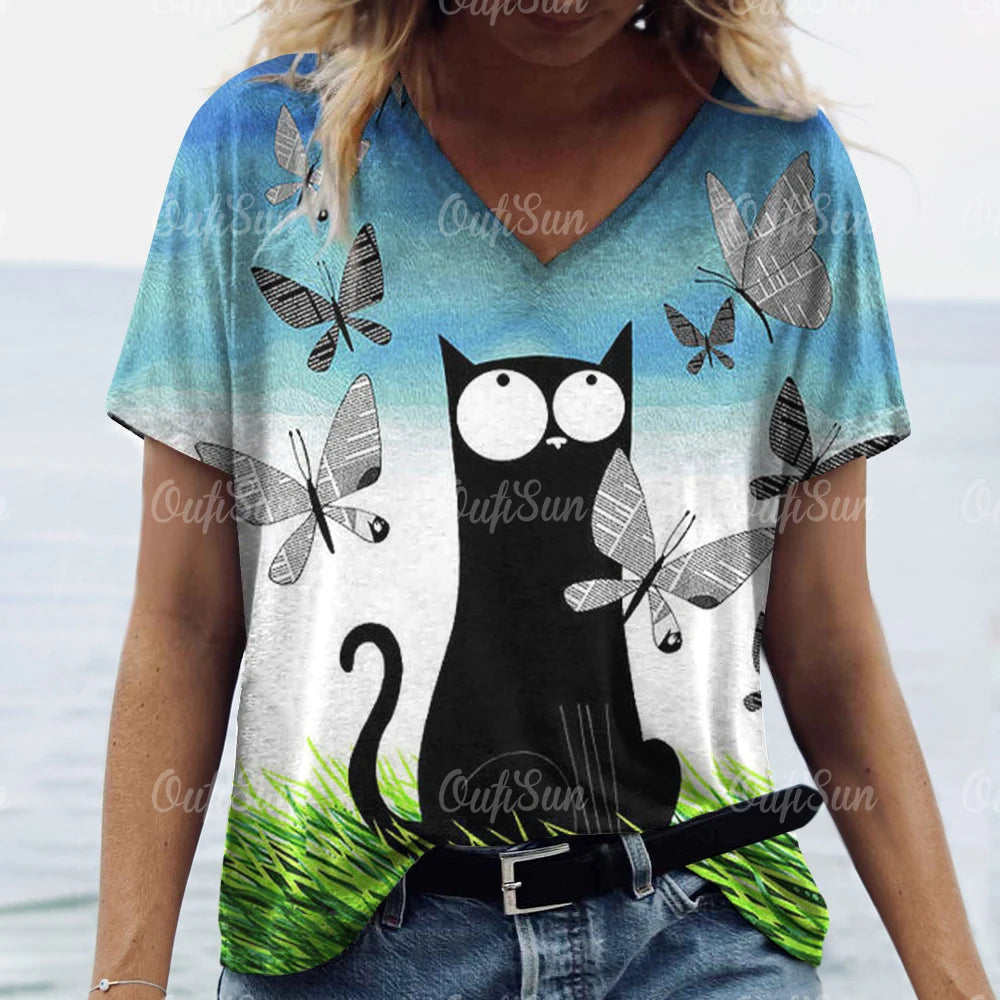 T-shirt Feminina Casual com Impressão 3D de Gato