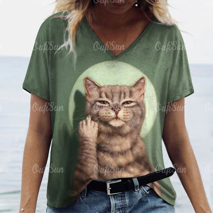 T-shirt Feminina Casual com Impressão 3D de Gato