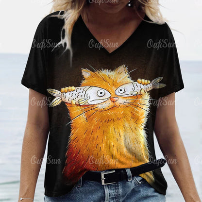 T-shirt Feminina Casual com Impressão 3D de Gato