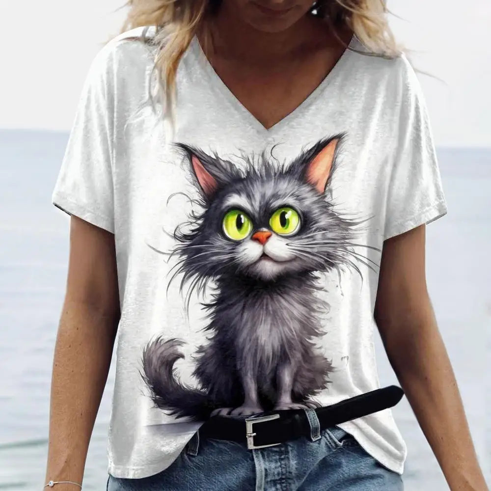 T-shirt Feminina Casual com Impressão 3D de Gato