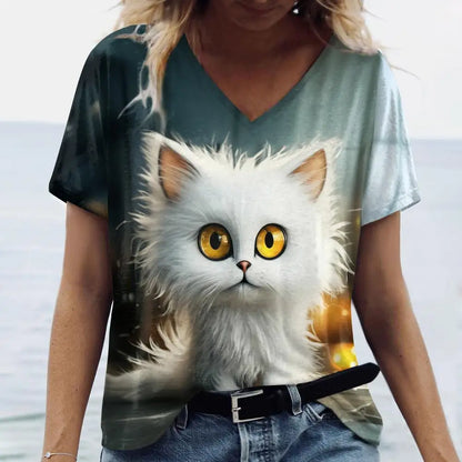 T-shirt Feminina Casual com Impressão 3D de Gato