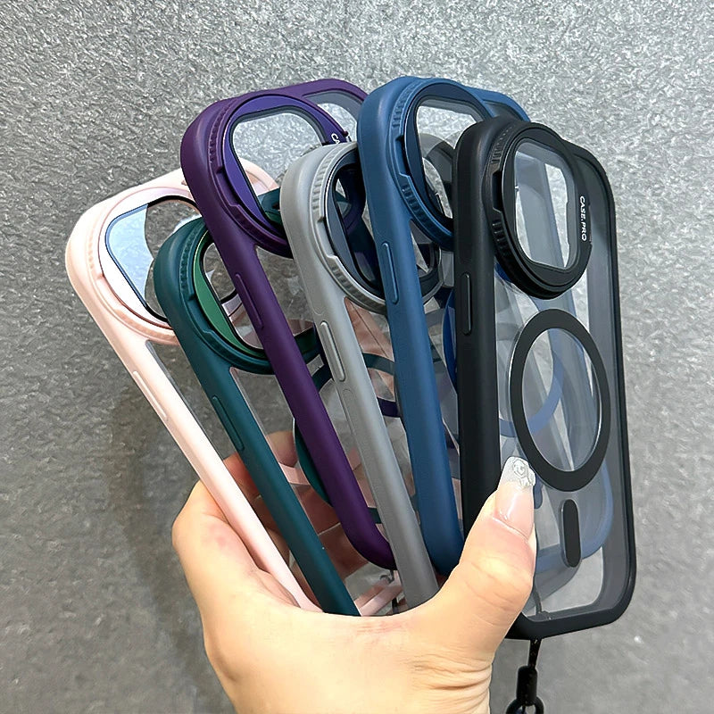 Capa Magnética Transparente com Suporte para Lente de Vidro e Strap para iPhone 16, 15, 14, 13, 12, 11 Pro Max - Compatível com Magsafe e Antishock