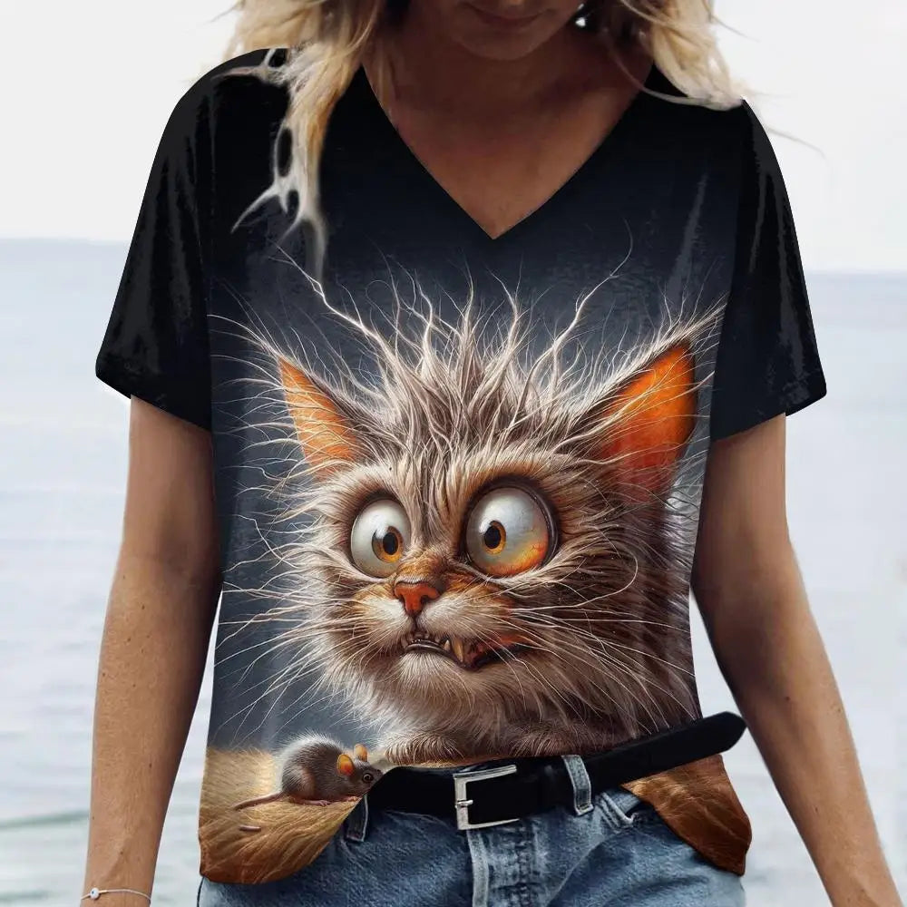 T-shirt Feminina Casual com Impressão 3D de Gato