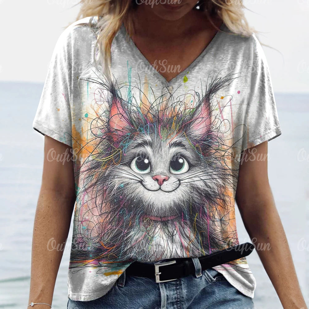 T-shirt Feminina Casual com Impressão 3D de Gato