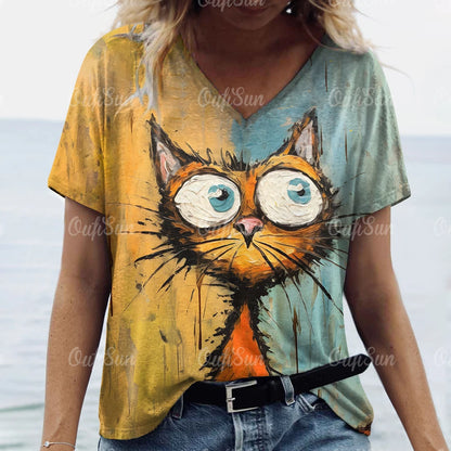 T-shirt Feminina Casual com Impressão 3D de Gato