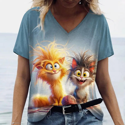 T-shirt Feminina Casual com Impressão 3D de Gato