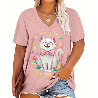 T-shirt Feminina Casual com Impressão 3D de Gato